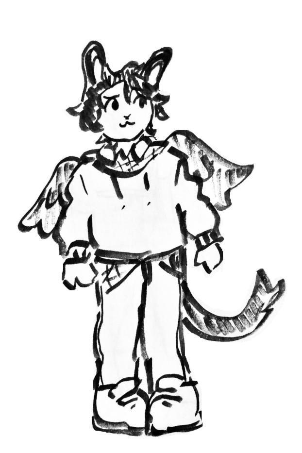 A black and white drawing of an anthro bunny-fox with short dark hair with comfortable, warm clothing such as a flannel overlaid with a sweater and a pair of jeans. He has a pair of wings, a long tail and bunny ears.