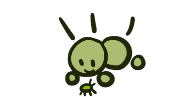 A small, simplistic drawing of Colrana: a creature shaped of two circles with two thin attenae and a thin tail. He is looking at a bug.